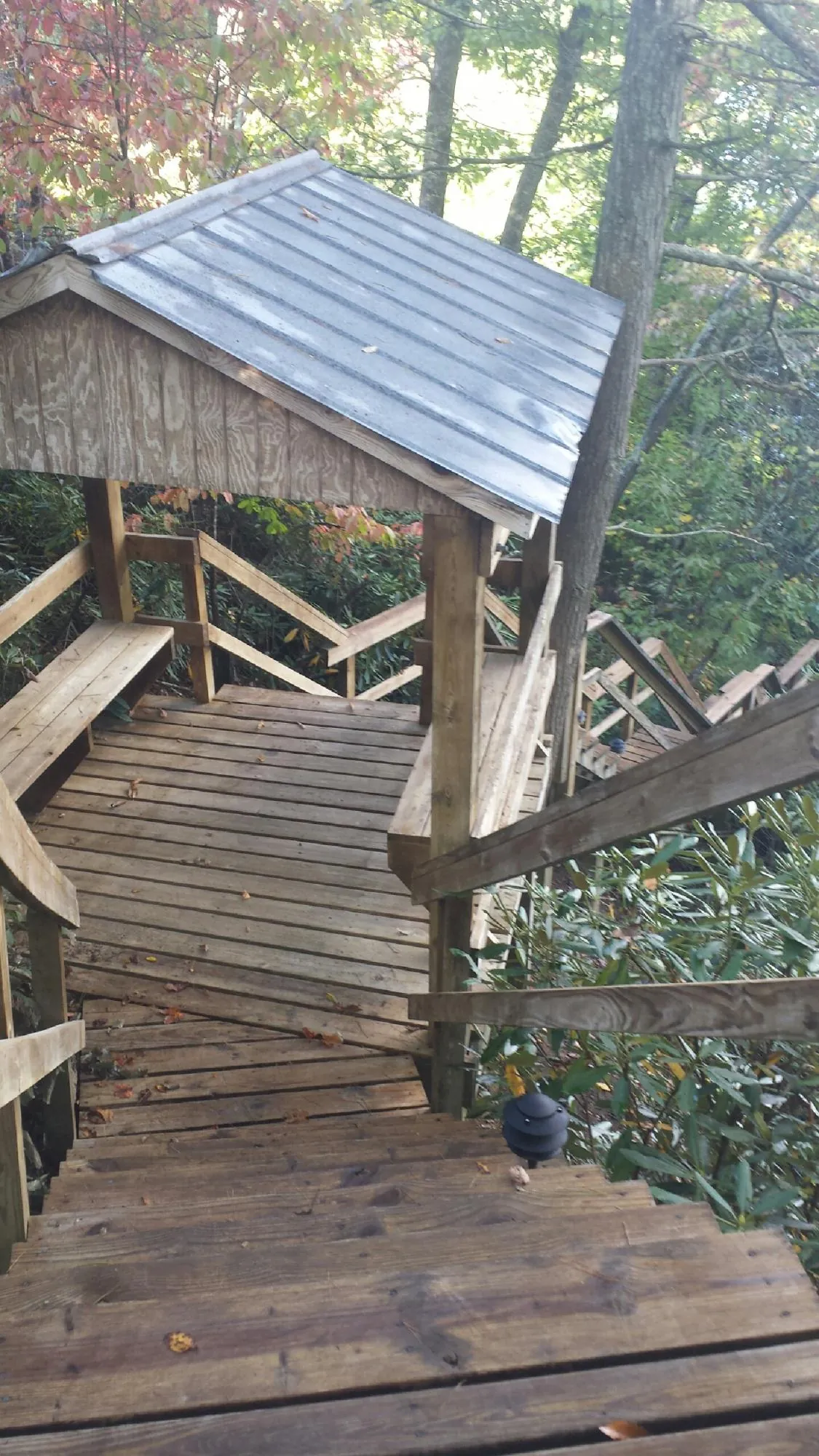 Metal roofed shelter over wooden steps on a wooded walkway — Skylight Repair & Installation work by our crew in Freeland